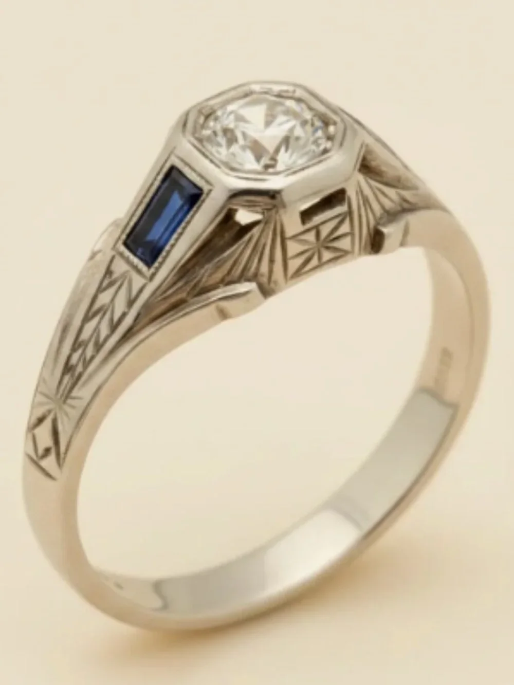 1920's White Gold Sapphire Diamond Bridal Wedding Engagement Art Deco Ring